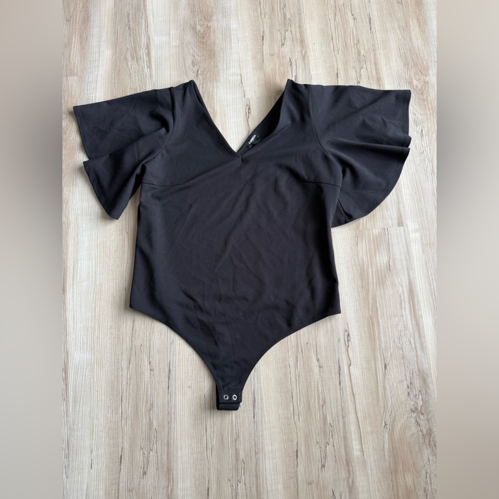 Express Black Bodysuit XL | Deep V-Neck Front & Back | Ruffle Sleeve Stretch Top